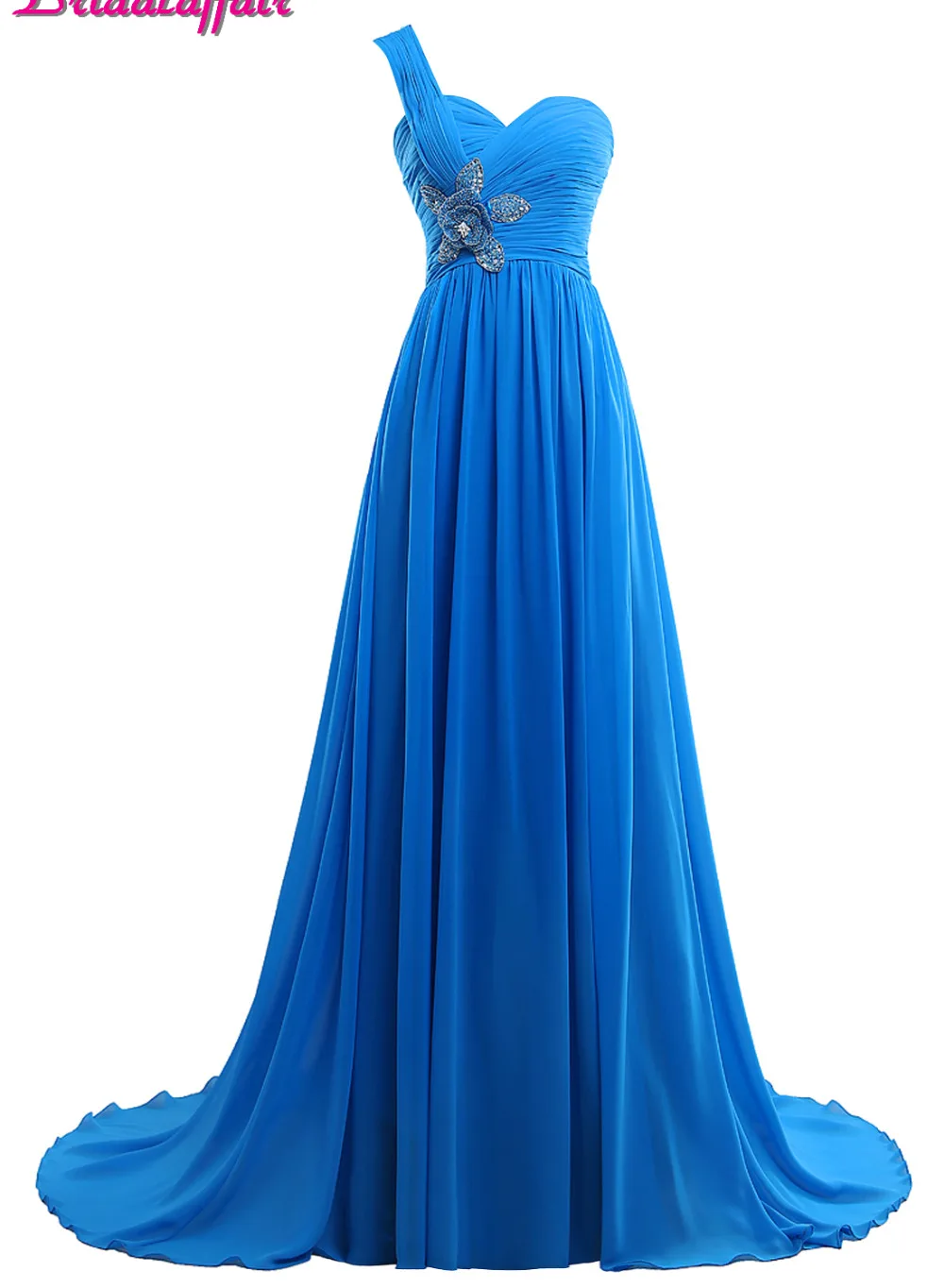 

KapokBanyan Real Photo One Shoulder Prom Dresses 2017 Blue Chiffon Appliques Long Party Dress Sweep Train Backless Formal Gowns