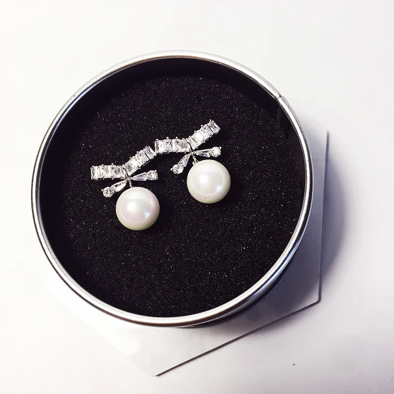 New Fashion Elegant Zirconia Pearl Stud Earring S925 Sterling Bowknot