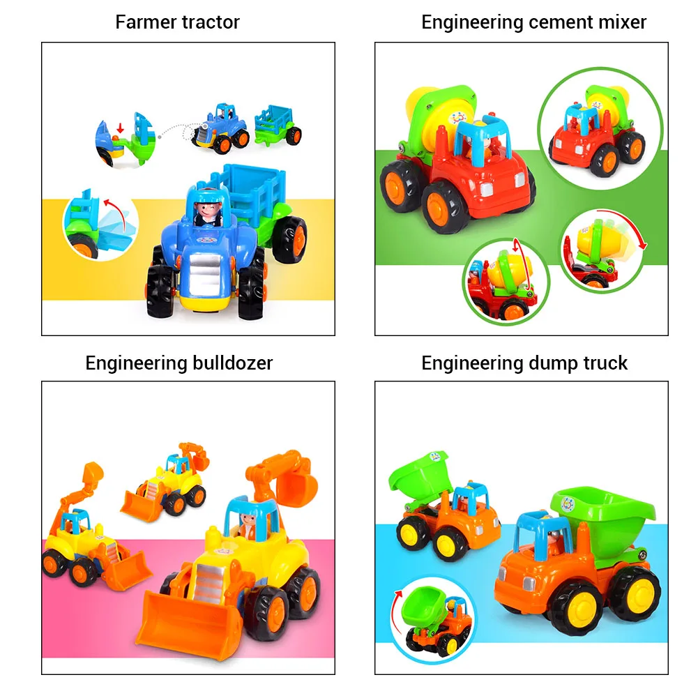4 шт. Ранние развивающие инерционные автомобильные игрушки набор толкающих и ходовых автомобилей Трактор БУЛЬДОЗЕР самосвал цементный смеситель инженерные игрушечные транспортные средства