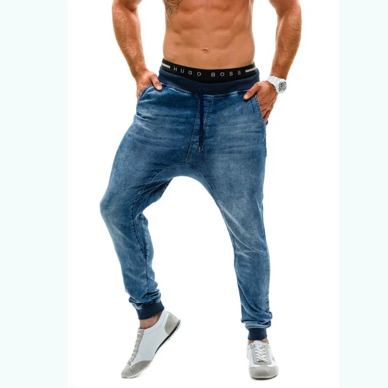 Мужские индиго с заниженным шаговым швом джинсовые штаны для бега с закрытыми пуговицами и кулиской, синие джинсы, джинсовые штаны-шаровары