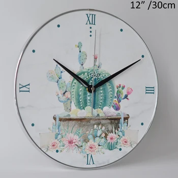 

European Modern White with Silver Framed Green Succulents Plant Cactus With Roman Numbers Printed 12 inches Round MDF Wall Clock