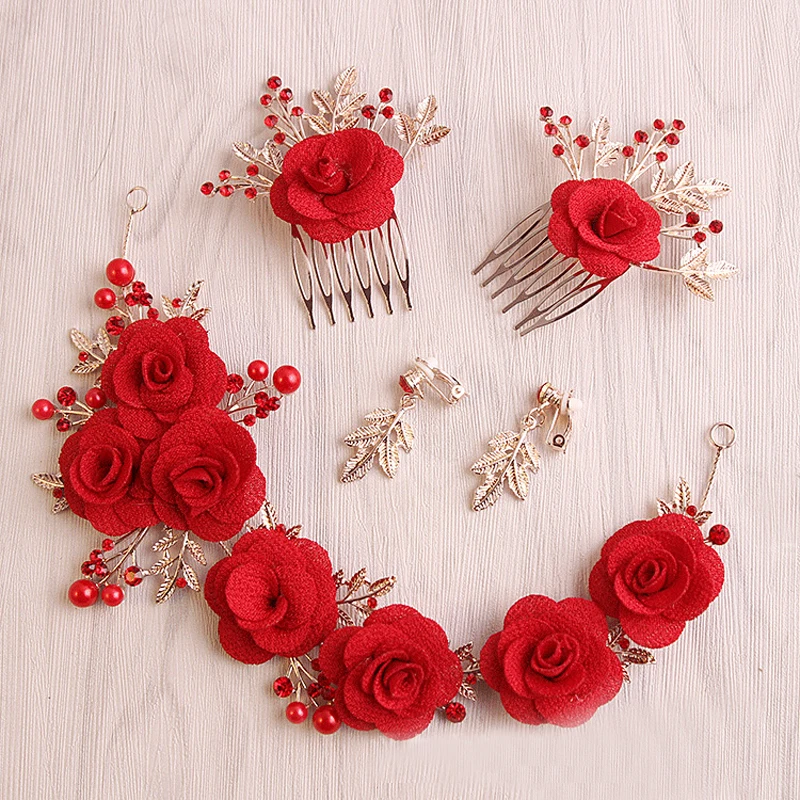 

5Pcs Red Flower Leaf Hair Comb Bridesmaid Headdress Bride Rhinestone Headpiece Wedding Jewelry Flower Bridal Hair Accessories
