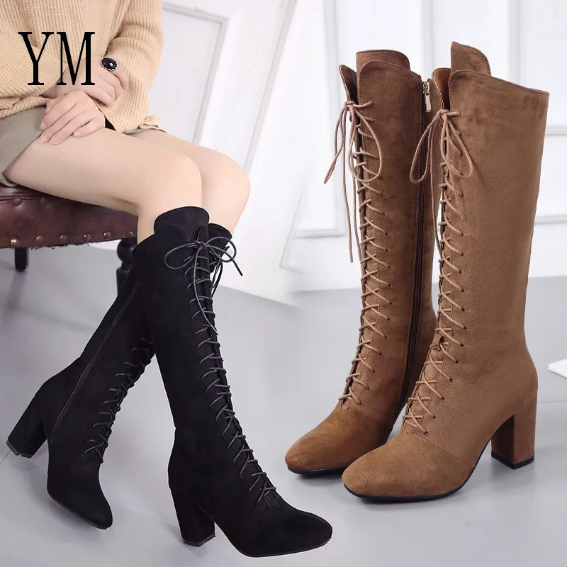 

Winter Hot Long Tube Women Boots Keep Warm Knee-High Thigh High Boots Sewing Thread Lace-Up Square High Heel Long Boots Zipper