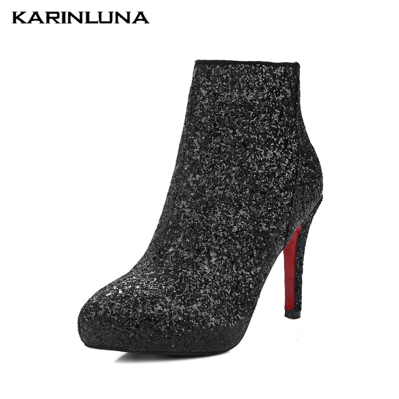 

Karinluna 2019 New Hot Sale Wholesale Bling Shoes Woman Party Wedding Boots Platform Zip Up High Heels Ankle Boots Woman Shoes
