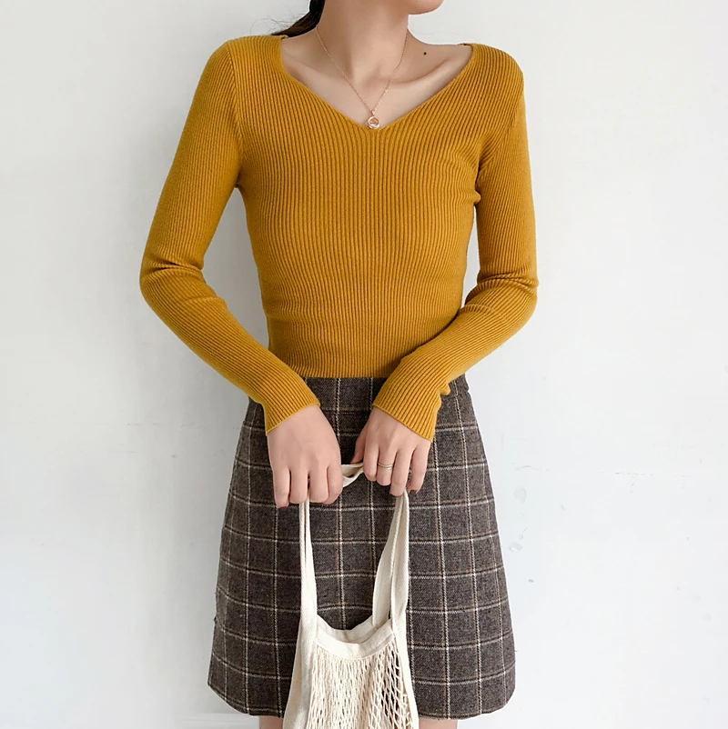 Herbst winter neue 2018 frauen pullover und pullover mit v-ausschnitt feste dünne reizvolle elegante dame pull outwear tops