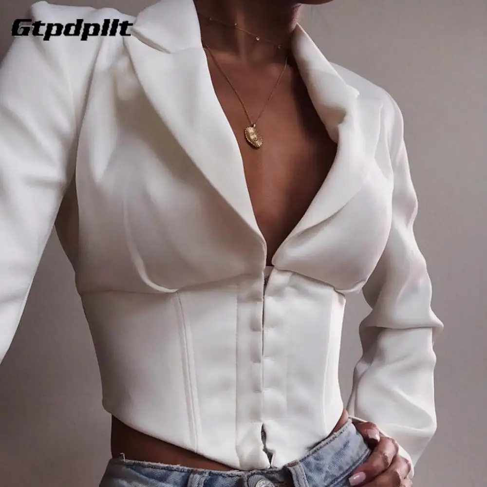 

Gtpdpllt Deep V Neck Sexy Women Jacket Suit White Long Sleeve Short Hook Jacket Female Outwear High Street Party Suit Coat