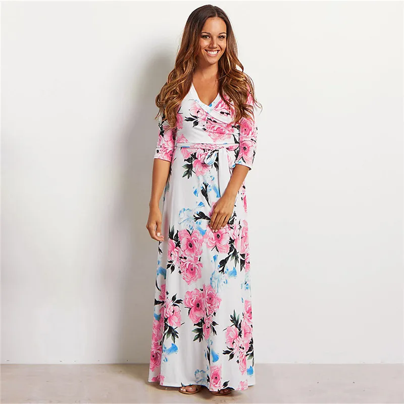 

Casual Sashes Long Ladies Dresses Plus Size Vestidos De Fiesta De Noche Floral Summer Dress Women Boho V Neck Beach Dress