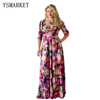 

YSMARKET 2018 Women Sexy Print 5XL 6XL Beach Tunic Plus Size Long Dress V-neck Half Sleeve Evening Party Maxi Dress EZBD0277