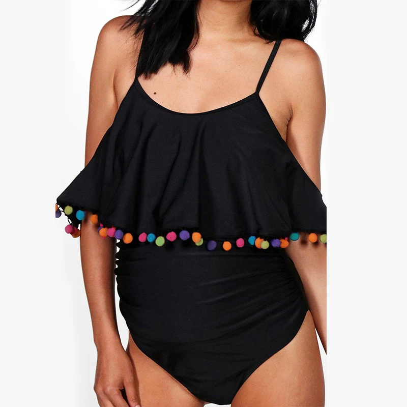 Summer 2018 Women Sexy Off Shoulder Swimwear Ladies One Piece Black