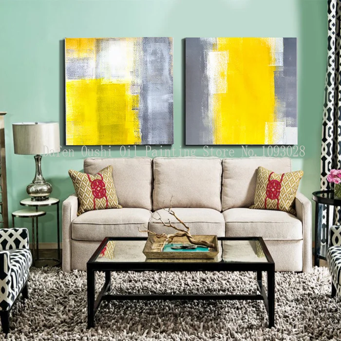

100% hand Paitned free shipping dark gray white yellow kinds big an abstract painting canvas modern paintings pictures 2 PC/set
