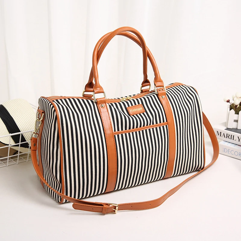 Canvas+PU Leather Women Travel Bag Fashion Striped Duffel Tote Large Weekend Bag Female Packing ...