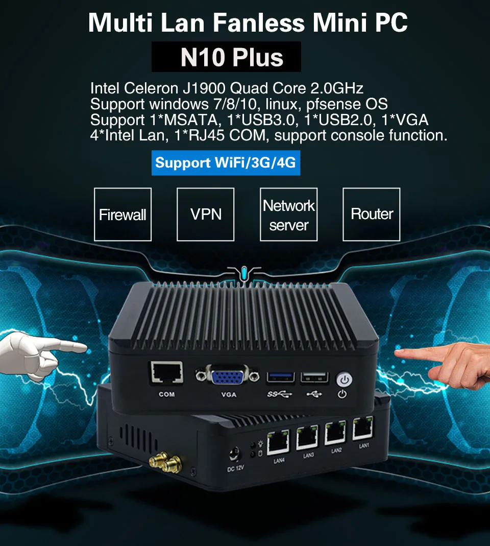 Причастником N10 Plus домашний сервер Мини ПК j1900 четырехъядерный процессор 4 intel lan межсетевой экран vpn-маршрутизатор поддержка linux pfsense OS и 3g/4G