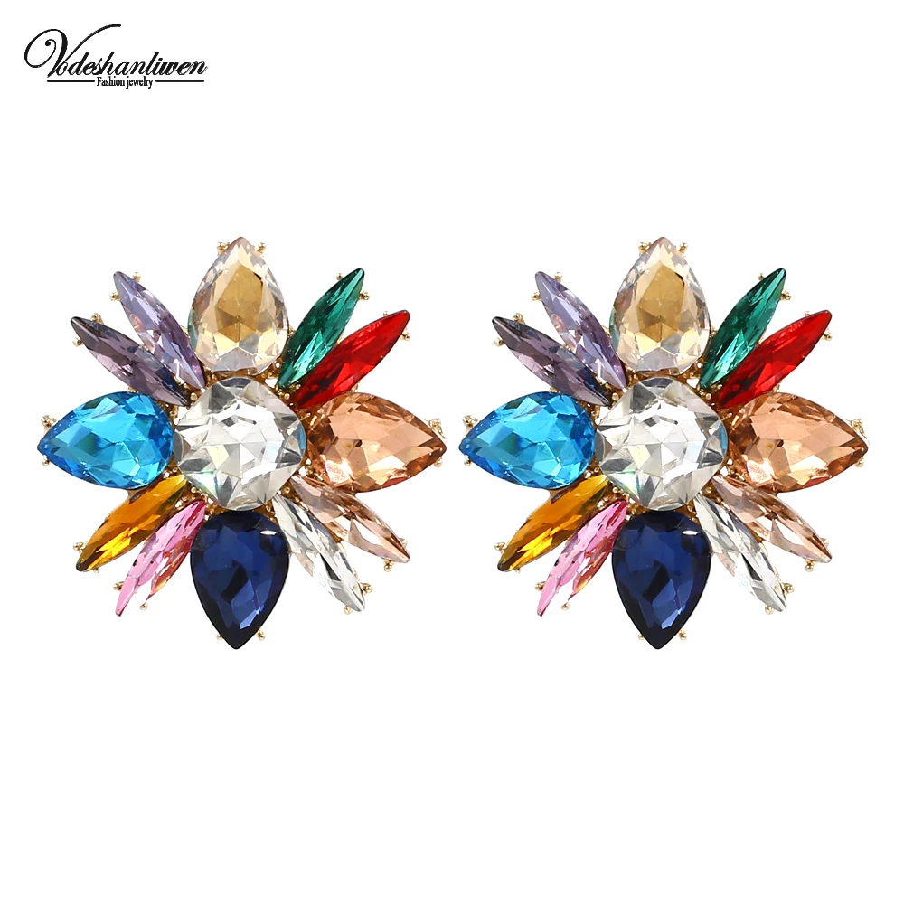 Vodeshanliwen многоцветный Кристальный цветок серьги гвоздики модные богемные Свадебные массивные серьги для женщин ювелирные аксессуары