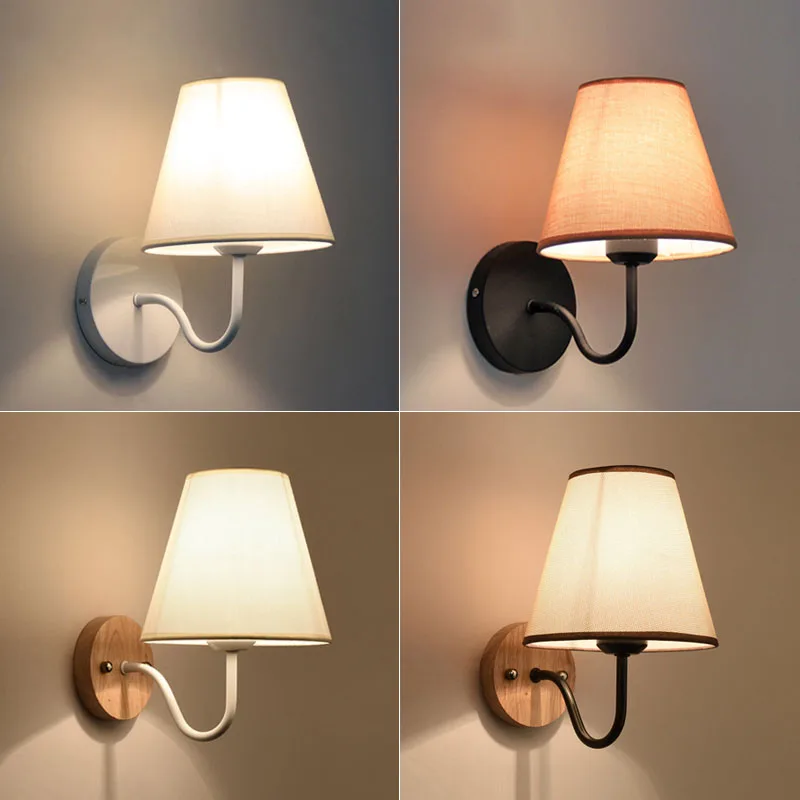 

Modern Simple Creative Fabric Iron Wooden Base Wall Sconce LED Wall Light Fixtures For Bedroom Wall Lamp Home Lighting Lampara