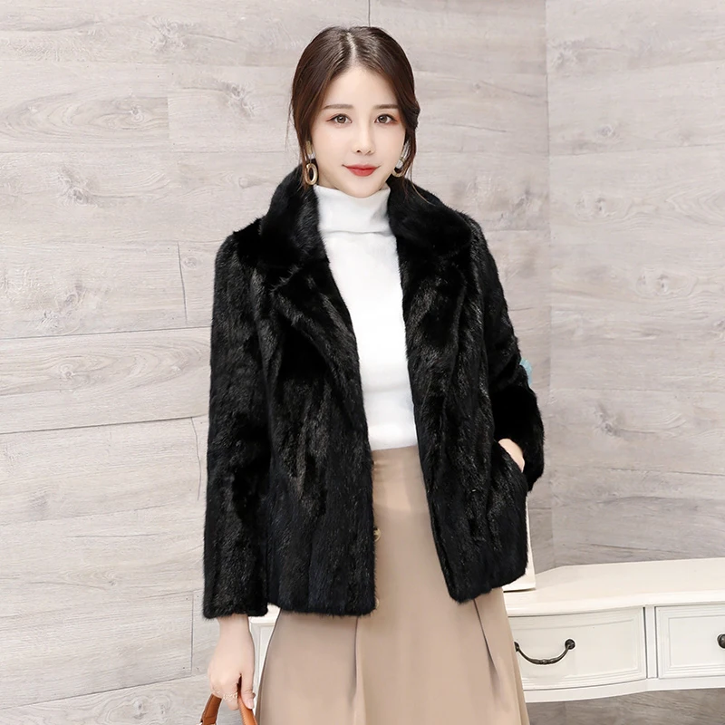 Новинка года, Женская норковая шуба с длинным рукавом, зимнее пальто с натуральным мехом для женщин - Цвет: black