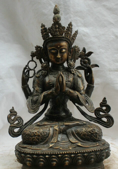

JP S0524 18"Tibet Buddhism Bronze Seat 4 arms Chenrezig Buddha Avalokiteshvara Statue Discount 35%