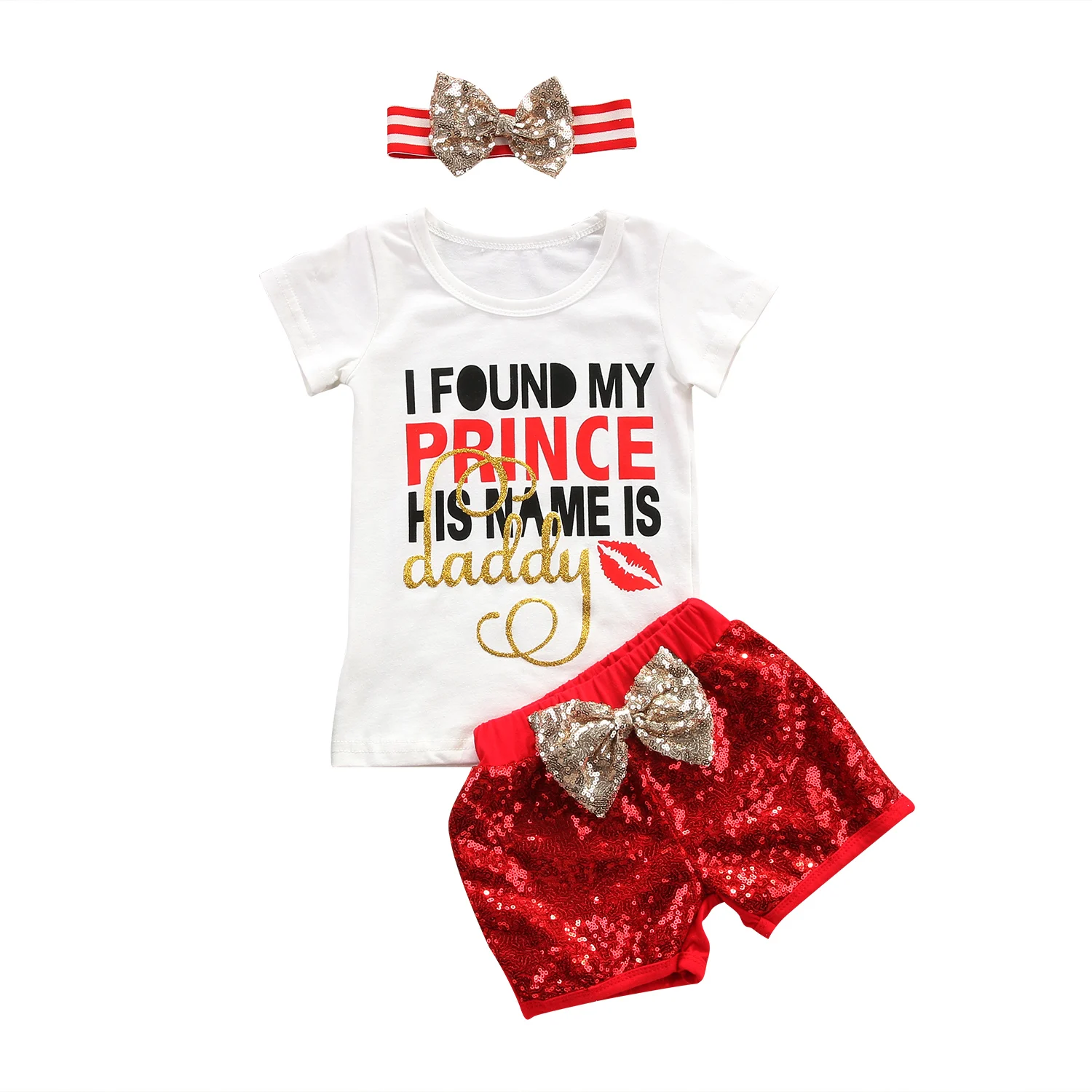 

3PCS Kids Baby Girls Summer Clothes Set Short Sleeve Daddy Prince Letters T-shirt Tops+Sequins Red Pants Headband Outfits Set