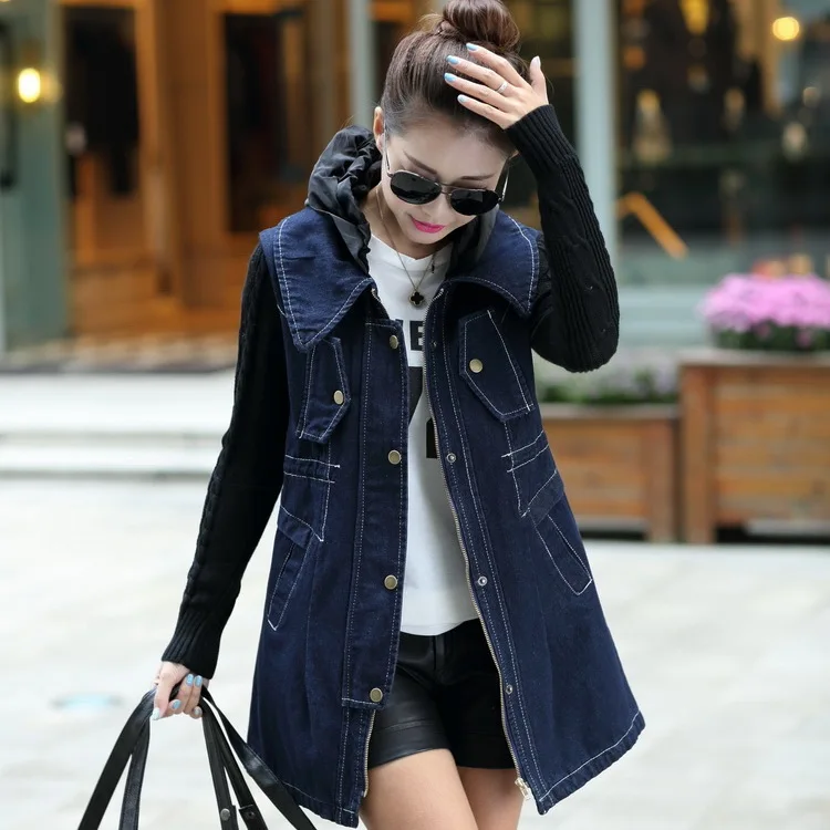 Della signora Cappuccio Del Cappotto Del Denim giacca di Jeans Delle Donne  di Grandi Dimensioni 2019 Autunno Inverno giacche con cappuccio Splicing  del manicotto di Lana Donna Cappotti di Base SK6559|hood denim