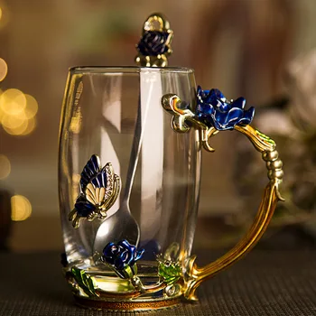 

301-400ml European blue rose tea cup enamel cup lead-free heat resistant glass lovers Cup Gift