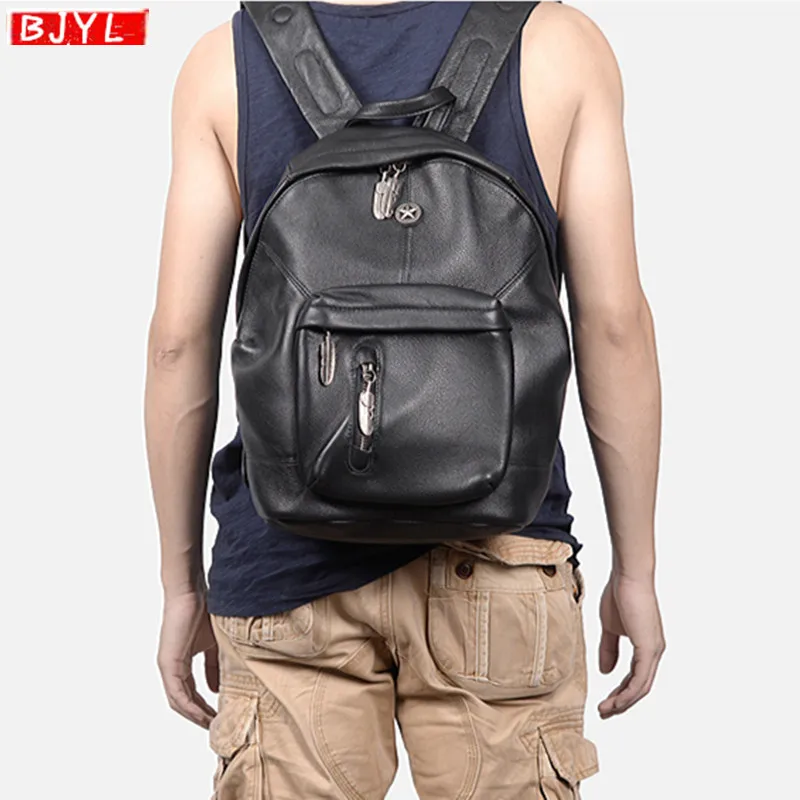 

Genuine Leather men backpack top layer cowhide retro computer shoulder bag soft black leather travel bag rivet retro backpacks