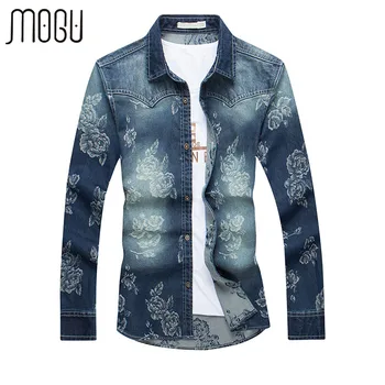 

MOGU Long Sleeve Floral Denim Shirts Men 2017 New High Quality Fashion Printed Slim Fit Casual Shirt Asian Size 5XL Men's Shirt