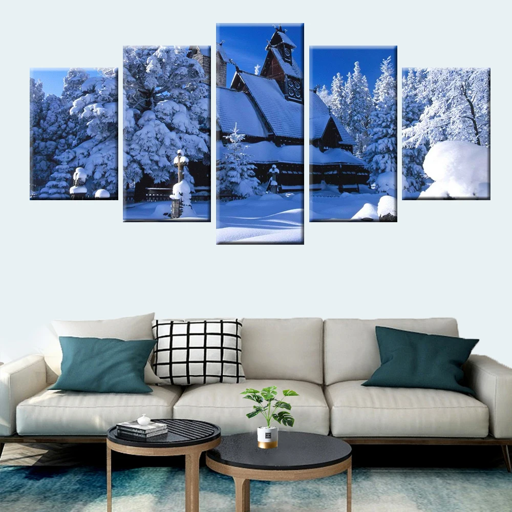 

Snow Church Landscape Poster Canvas Painting Modern Wall Art 5 Panel Unique Gift Home Decor