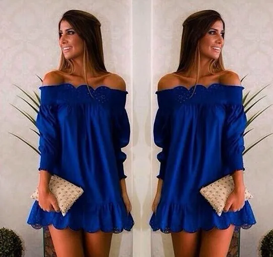 

2018 Women Off Shoulder Party Dresses Blue Women Casual Loose Dress Ruffle Sleeve Mini Strpless Dress Plus Size