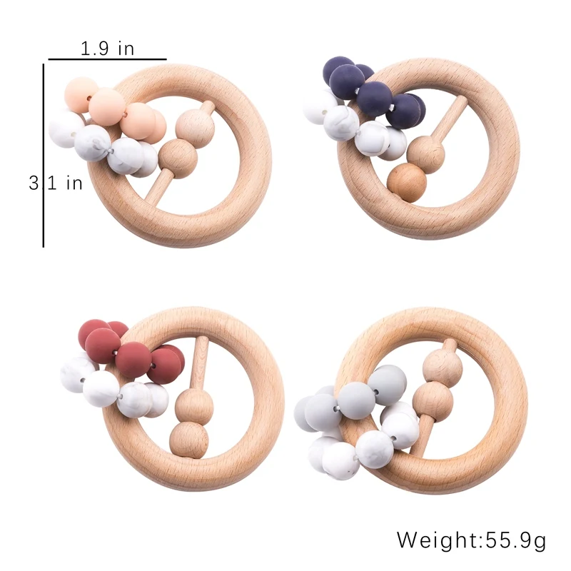 Давайте сделаем 1 шт. деревянная погремушка без БФА, силиконовый бисер еда высококачественное кольцо Прорезыватель зубов Бука Деревянный прорезыватель погремушки для детей