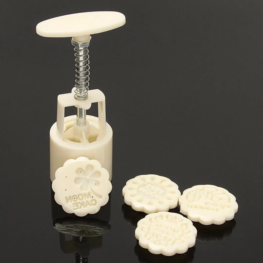 JX-LCLYL 3D Round Moon Cake Mould Set Biscuit Mooncake With 4 Stamps Home DIY Beige New