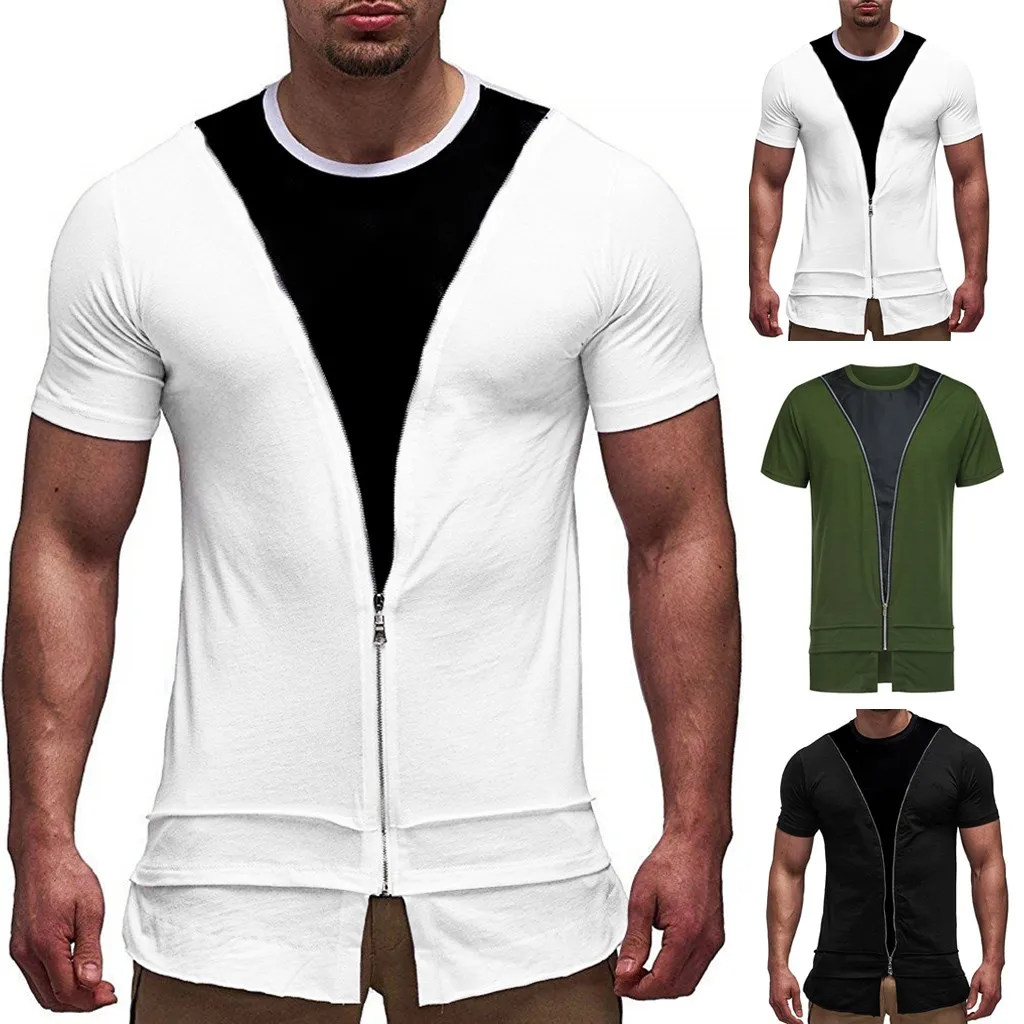 

2019 New style ISHOWTIENDA sales Men's Zipper T-shirt Short Sleeve Crew Neck Muscle Basic Top Slim Fit Teehigh quality
