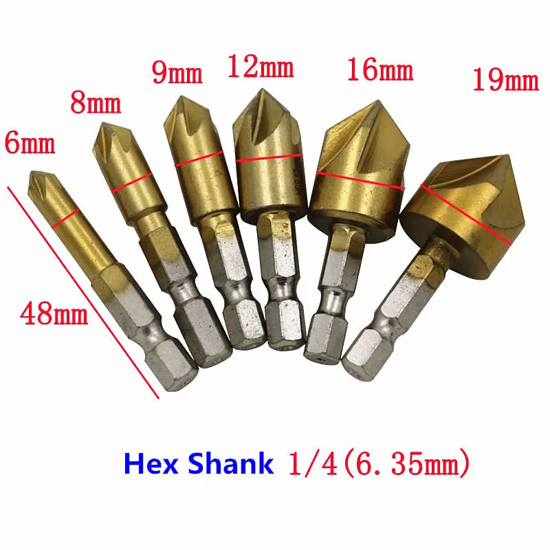 6PCS 6 19mm HSS Flute Countersink Drill Bit Set Counter Sink Chamfer