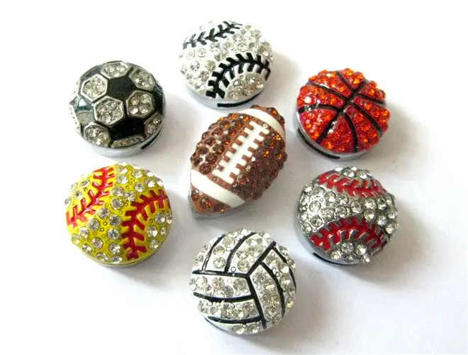 

10pcs 8mm Football Basketball Baseball Sports Charms Crystal Rhinestone Bling Slide Charms Fit Bracelet Pet Collars Wristband