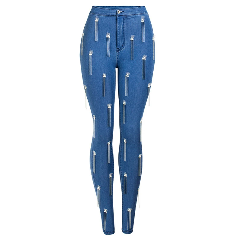 Высокая Талия тянущиеся джинсы с жемчугом Бисер для подтяжки бедер Для женщин карандаш брюки Harajuku джинсовые брюки Ленточки уличная одежда большого размера мама Fit - Цвет: Синий