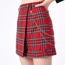 Металлическая украшенная красная клетчатая юбка средней длины клетчатая короткая женская юбка Повседневная клетчатая прямая пуговица выше колена, мини