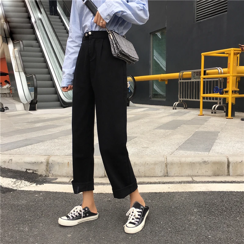 Джинсы женские длинные брюки прямые в Корейском стиле с высокой талией с карманами Женские однотонные модные Harajuku женские универсальные мягкие свободные шикарные