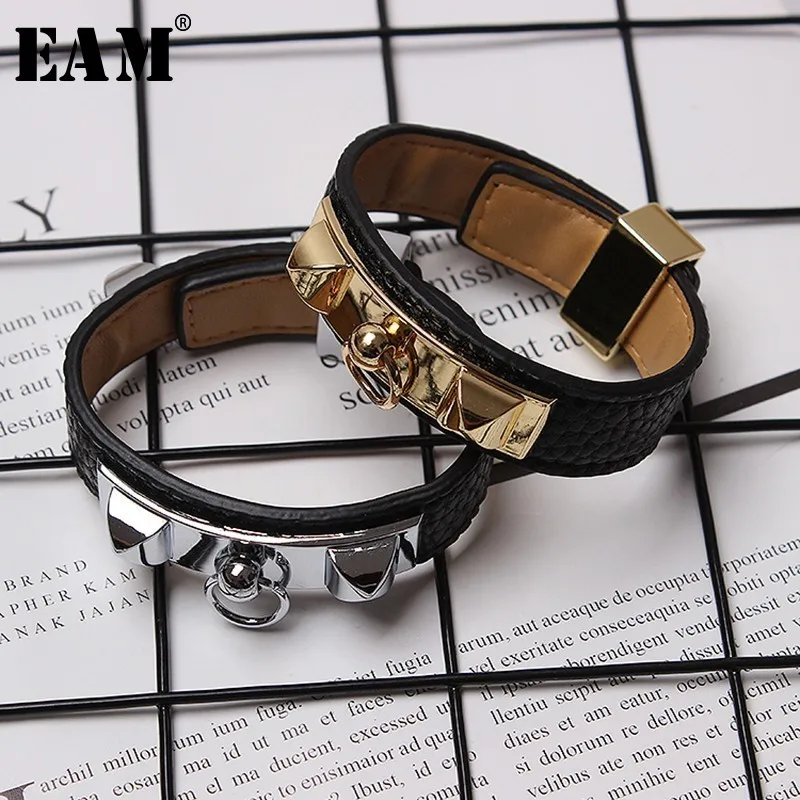 

[EAM] 2020 New Spring Summer Personality Rivet Pu Leather Split Joint Cool Bracelet All-match Women Fashion Tide JL286