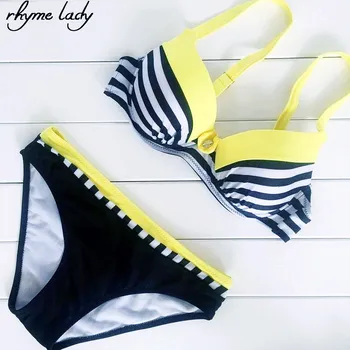 

Rhyme Lady bikinis female print stripe push up swimwear low waist tow piece bathing suit plus size beach wear