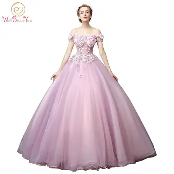 

Walk Beside You Lilac Pink Quinceanera Dresses Off Shoulder vestidos de 15 anos debutante Ball Gown Flowers quince anos 2020