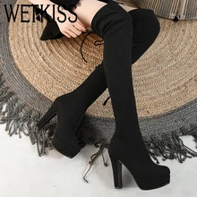 WETKISS/; высокие сапоги до бедра на Высоком толстом каблуке; Новейшие женские эластичные сапоги выше колена на платформе; женская зимняя обувь из искусственной замши на молнии