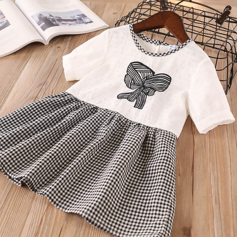 

Hurave pattern toddler Children Summer Clothing short sleeve dresses Kids Clothes Casual crew neck plaid cotton dress