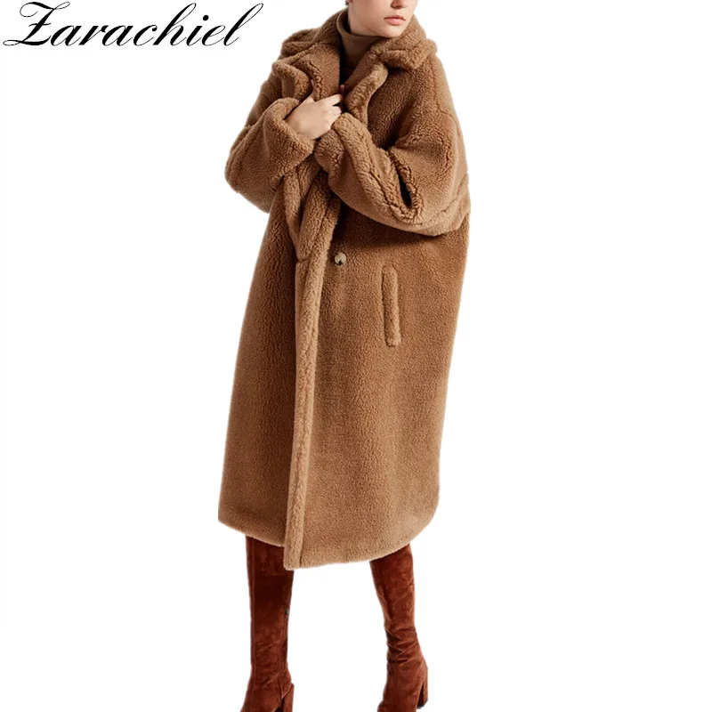 

Teddy Coat Cocoon Shape Long Sleeve Lambs Woolen Winter Coat Faux Fur Thickening Warm Long Jacket Coat Female Loose Outerwear