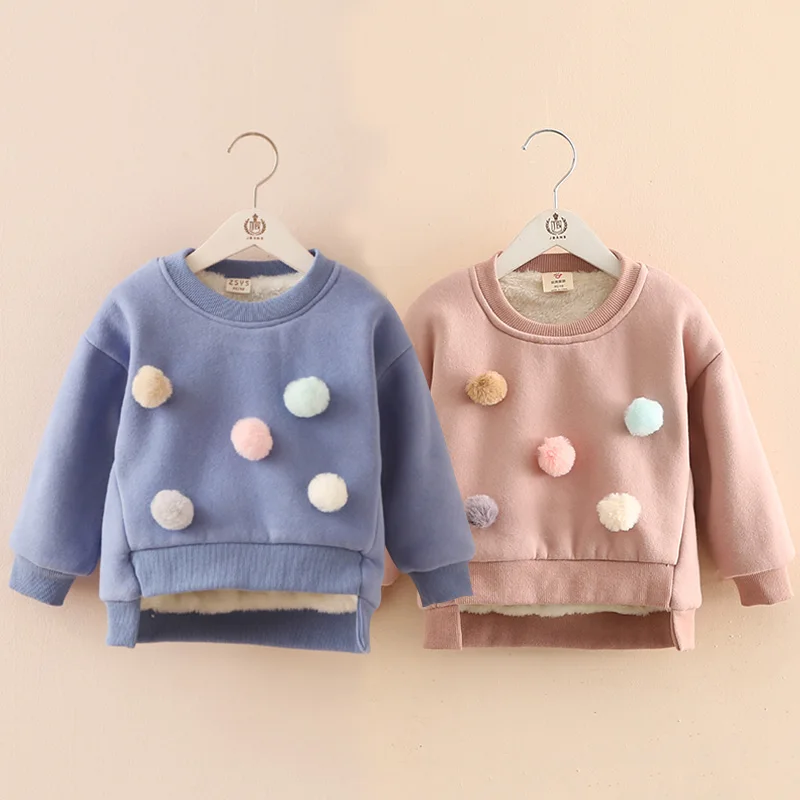

2-9 10T Girls Hoodies New 2018 Winter Warm Colorful Balls Decoration Long Sleeve Plus Vevelt Toddler Kids Baby Girls Sweatshirts