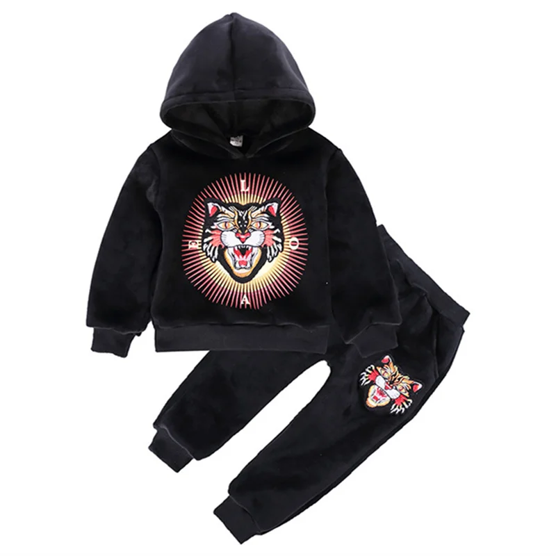 

2 Colors Long Sleeve Clothing Set Baby Girl&Boy Kids Clothes Set Velvet Sweatshirt+Trousers School Black Tiger Tracksuit Clothes