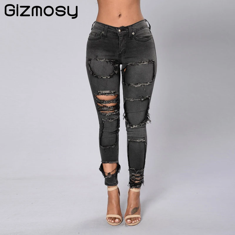 2017 Broken Hole Pants Women High Waist Female Zippers Pencil Pants ...