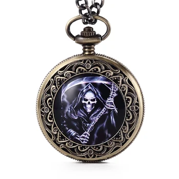 

Antique Skeleton Skull Quartz Pocket Watches Pendant Necklace Roman Numbers Dial Necklace Chain Relogio De Bolso Halloween Gifts