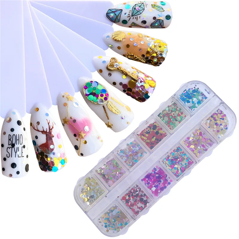

YWK 12 Grids/Set Mixed Color Round Nail Glitter Flakes 1/2/3mm 3D Sequins Paillette Powder Charm Nail Art Decoration Manicure