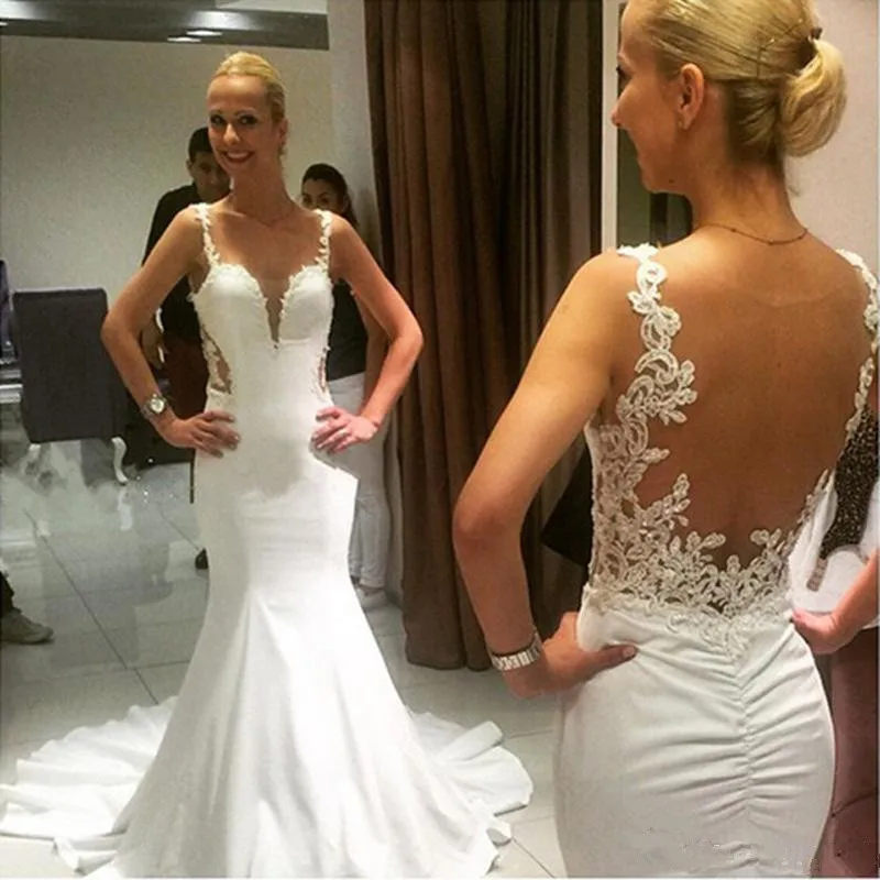

Sexy Spaghetti Straps 2019 Lace Mermaid Wedding Dresses See Through Back Appliques Sleeveless Custom Made Wedding Dress Vestidos