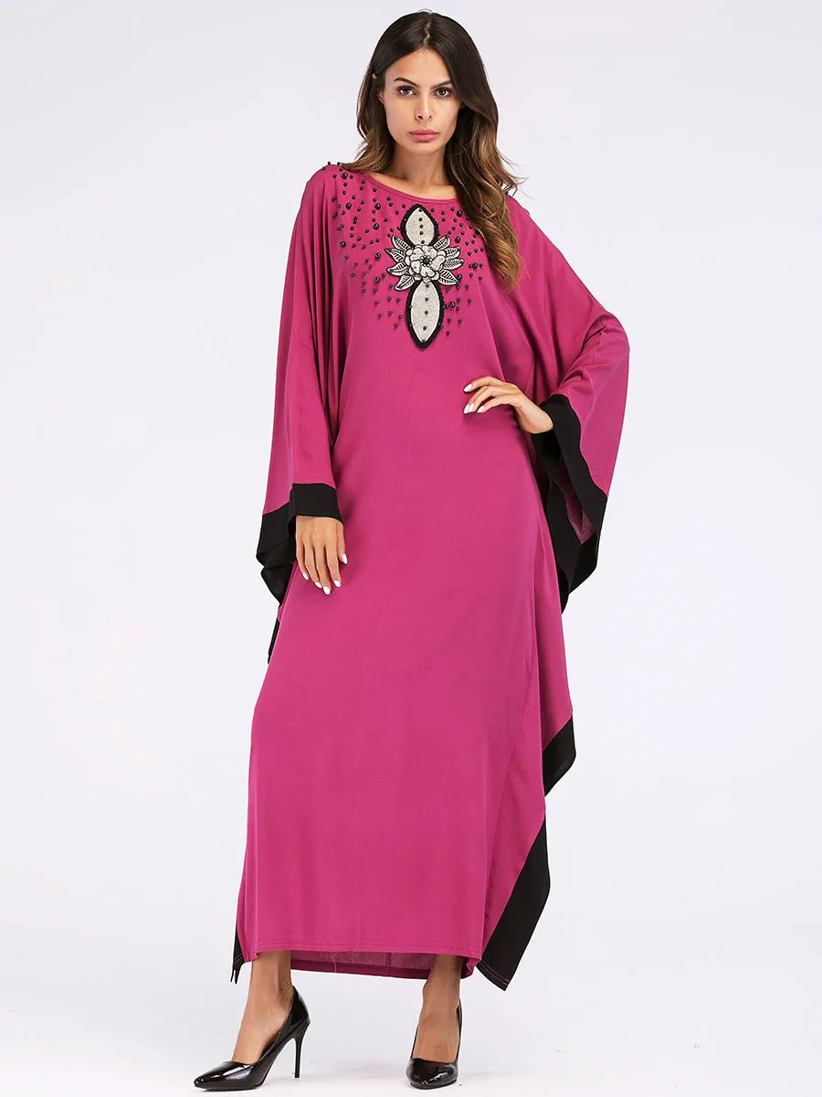Повседневное Макси abaya Бисероплетение Полное платье Аппликации мусульманской набивной длинный рукав халаты кимоно Рамадан Ближний Восток Исламская одежда