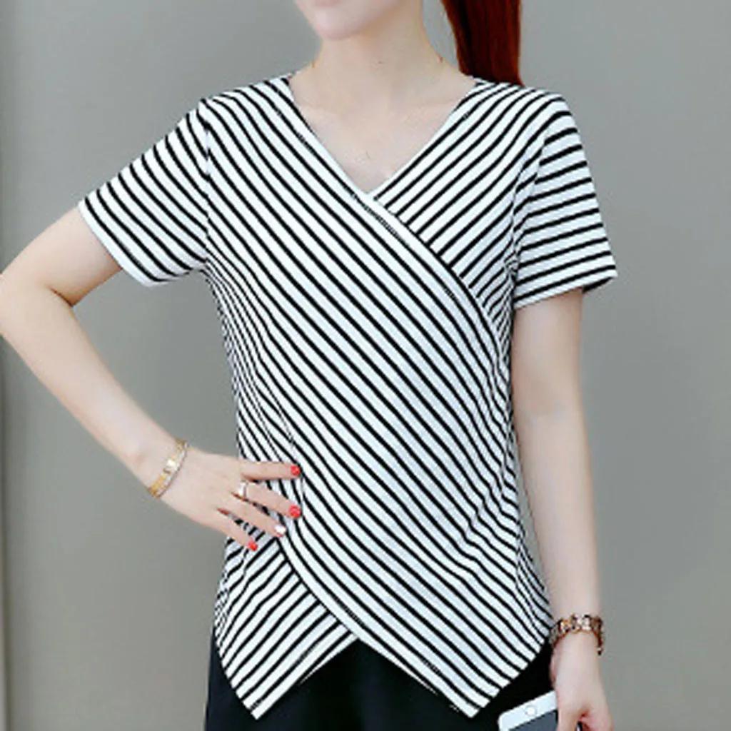 Women blouse 2019 Fashion Ladies' Short Sleeved  Lrregularity  Shirt With  V Neck Stripe Shirt