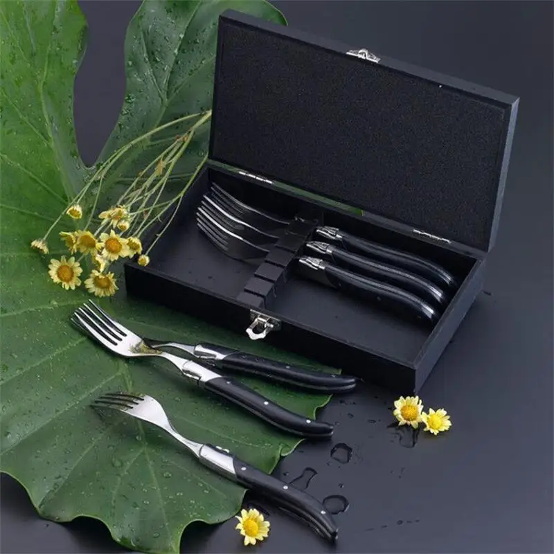 6pcs Laguiole Style Dinner Fork with Black Wood Handles Stainless Steel Steak Forks Set in a